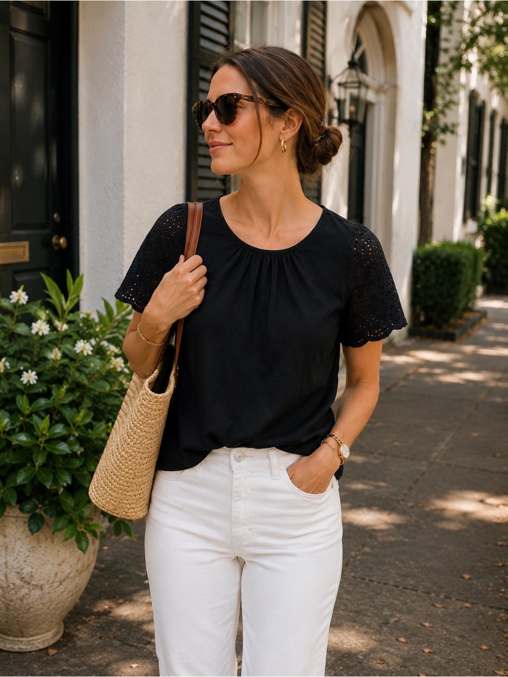 Banana Republic Factory Eyelet Sleeve Top M Black Cotton Modal Blouse